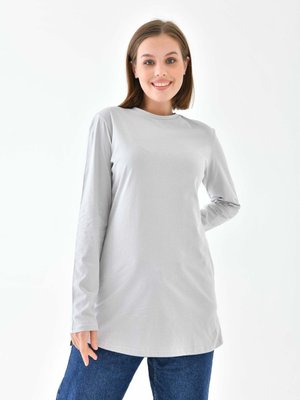 Klas Basic Açık Gri Bisiklet Tunik Fit Relax Sıfır Yaka Uzun Bluz