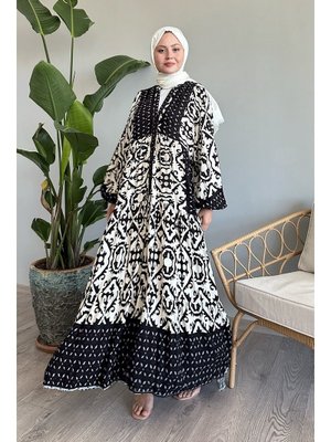 Desenli Balon Kol Ekru Viskon Elbise