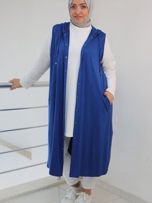 Büyük Beden Çıtçıtlı Kapüşonlu Penye Yelek İndigo