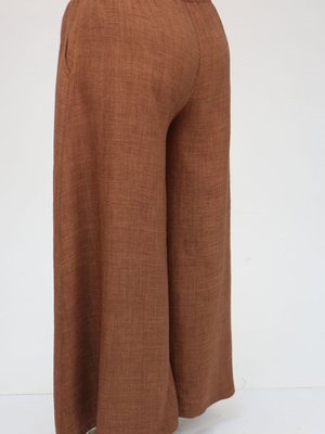 Kahve Büyük Beden Beli Lastikli Keten Etek Pantolon