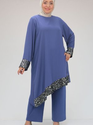 İndigo Büyük Beden Pul Payet Şifonlu Pantolonlu Takım İndigo Büyük Beden Pul Payet Şifonlu Pantolonlu Takım