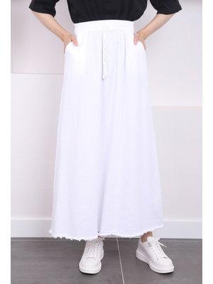 Beyaz Bel Lastikli Cepli Püsküllü Gabardin Keten Etek