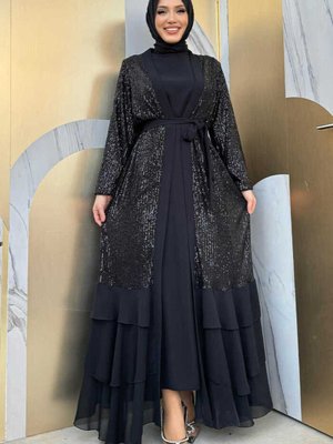 Pulpayet İşlemeli Abaya Ve Elbise Takım Siyah