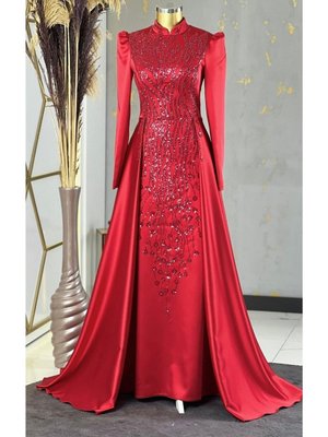 Kuyruklu Damla Abiye Elbise Kırmızı