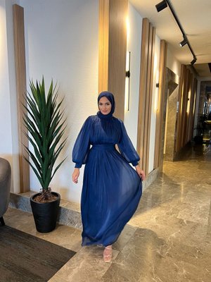 Jan Şifon Gülnaz Abiye Elbise Saks Mavisi