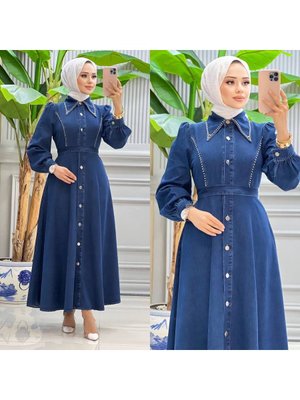 Kuşaklı Taş Detaylı Önü Düğmeli Kot Elbise