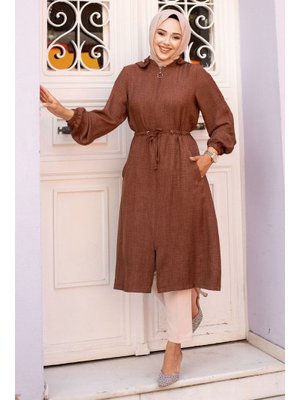 Kahverengi Beli İp Büzgülü Kapüşonlu Kap