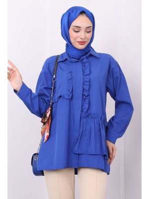Saks Mavisi Cep Detaylı Fırfırlı Tunik