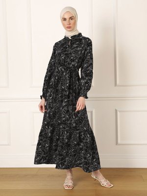 Siyah Aerobin Brode Nakış Detayıl Şık Elbise