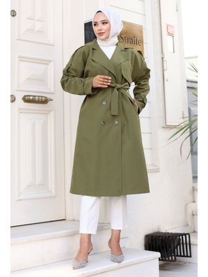 Yeşil Arkası Düğme Detaylı Kruvaze Yaka Trençkot