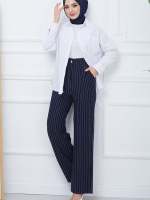 Pileli Çizgili Pantolon Lacivert Pileli Çizgili Pantolon Lacivert