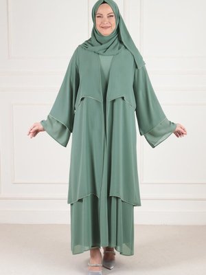 Büyük Beden Double Şifonlu Taşlı Abaya Mint Yeşili Büyük Beden Double Şifonlu Taşlı Abaya Mint Yeşili