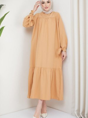 Robalı Kol Ucu Bağlamalı Elbise Camel Robalı Kol Ucu Bağlamalı Elbise Camel