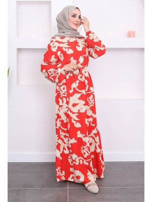 Nar Çiçeği Büyük Beden Desenli Kuşaklı Viscon Elbise