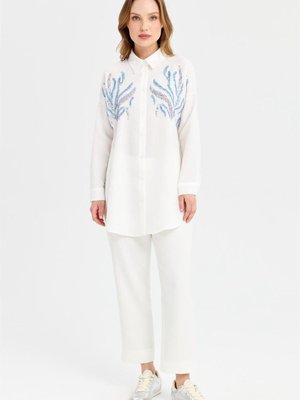 Çift Renk Pul Detaylı Tunik Ekru