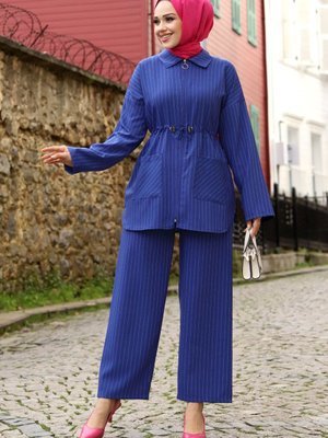 Melisa Beli Büzgülü Fermuarlı Takım Saks Mavisi