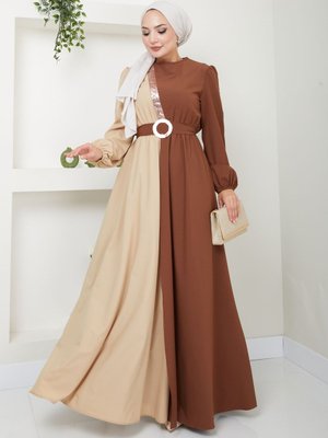 Pul Detaylı Kemerli Krep Uzun Abiye Elbise