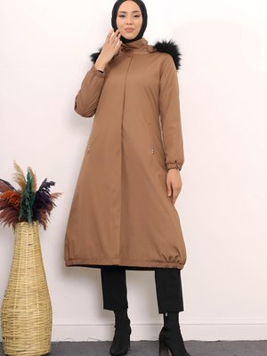 Bondit Kapüşonlu İçi Kürklü Mont Camel