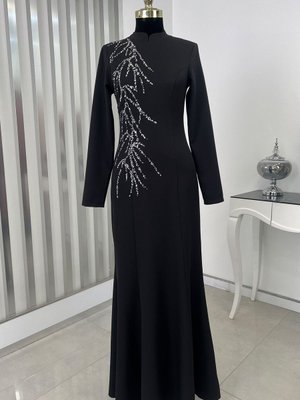 Taşlı Bahar Abiye Elbise Siyah
