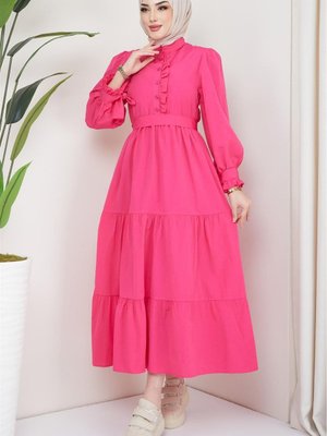 Önü Fırfırlı Kolu Bağlamalı Elbise Fuşya Önü Fırfırlı Kolu Bağlamalı Elbise Fuşya