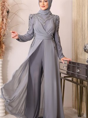 Güneş Boncuk İşlemeli Tulum Gri