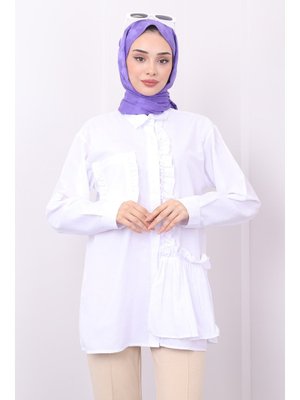 Ekru Cep Detaylı Fırfırlı Tunik