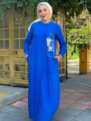 Saks Saten Detay Tam Boy Düğmeli Spor Elbise Saks Saten Detay Tam Boy Düğmeli Spor Elbise