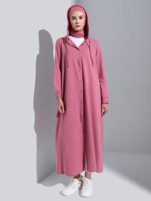 Koyu Gül Kapüşon Detaylı Çıtçıtlı Spor Pardesü