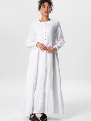 Kol Akay Uzun Düğme Detay Yazlık Müslin Elbise Beyaz Byz
