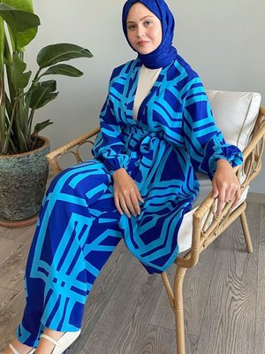 Şeritli İkili Saks Mavisi Viskon Takım