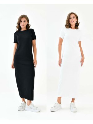2’li Paket Kısa Kollu Fitilli Bisiklet Sıfır Yaka Terletmeyen Içlik Uzun Elbise Astar Siyah Ve Beyaz