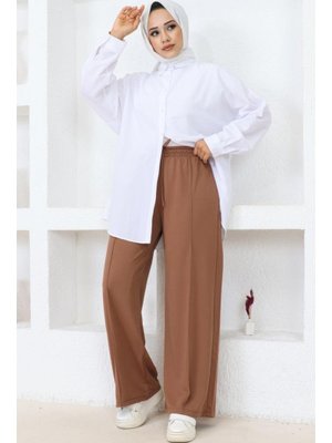 Kahverengi Belli Lastikli Rahat Kesim Salaş Pantolon