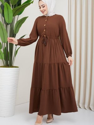 Büzgülü Düğmeli Ayrobin Elbise Kahverengi Büzgülü Düğmeli Ayrobin Elbise Kahverengi