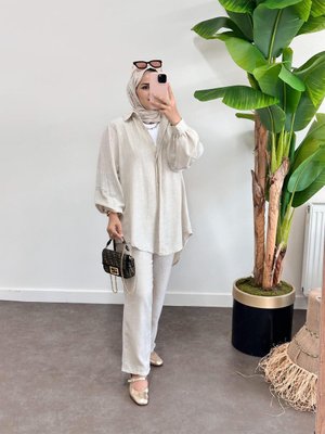 Pamuk Keten Kolu Taşlı Takım Bej Pamuk Keten Kolu Taşlı Takım Bej