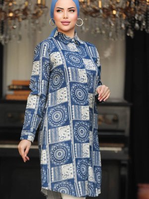 Desenli Lacivert Viskon Tunik