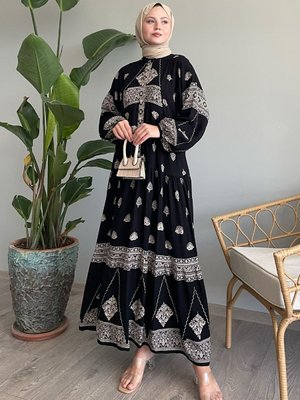 Retro Etnik Siyah Viskon Elbise