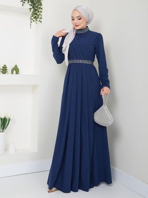 Kemeri Yakası Taşlı Abiye Elbise Lacivert