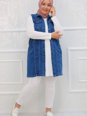 Büyük Beden Düğmeli Kot Yelek Mavi