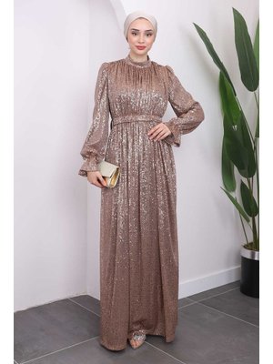 Vizon Kol Detaylı Pul Payetli Abiye Elbise