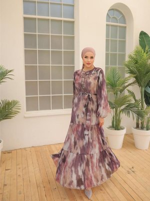 Kahve Desenli Belden Bağlamalı Uzun Şifon Elbise Mor Kahve Desenli Belden Bağlamalı Uzun Şifon Elbise Mor