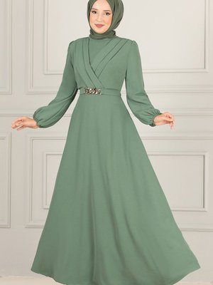 Zincir Kemerli Abiye Elbise Yeşil