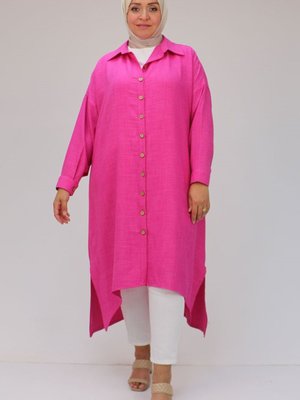 Fuşya Büyük Beden Yanı Yırtmaçlı Keten Tunik