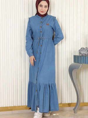 Beli Bağcıklı Düğmeli Kot Elbise Açık Mavi Beli Bağcıklı Düğmeli Kot Elbise Açık Mavi