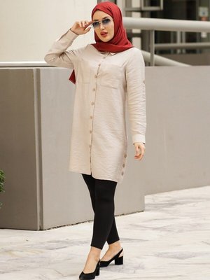 Yandan Üç Düğmeli Çift Cepli Gömlek Tunik Taş