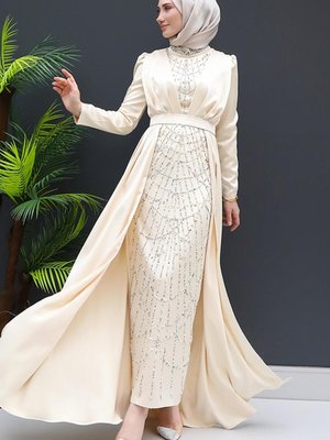 İşlemeli Pelerinli Abiye Elbise Krem