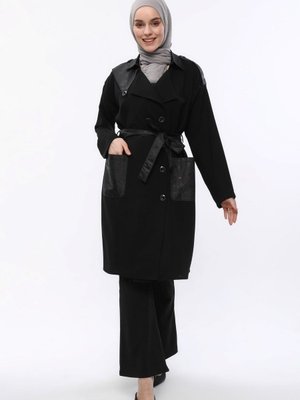 Siyah Kemerli Cepli Trençkot Oversize