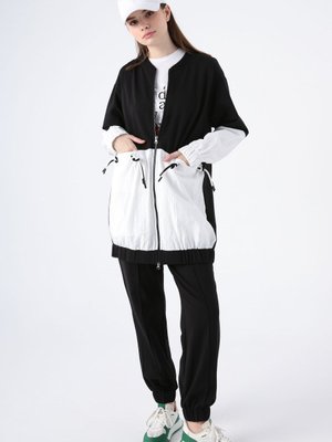 Siyah Pamuklu Çift Renkli Dokuma Garnili Kordon Detaylı Eşofman Takımı