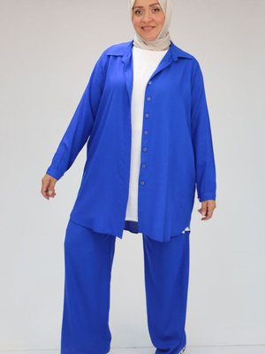 Saks Büyük Beden Düz Dokuma Pantolon Gömlek Takım Saks Büyük Beden Düz Dokuma Pantolon Gömlek Takım