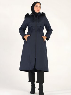 Bondit Kapüşonlu İçi Kürklü Mont Lacivert