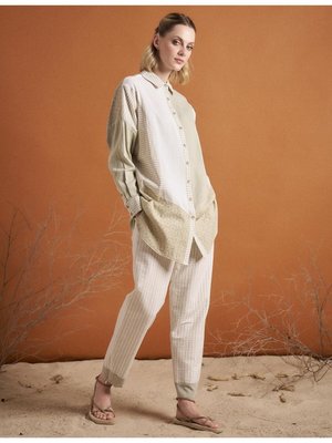 Beli Lastikli Doğal Kumaş Pantolon Küf Yeşili Optik Beyaz